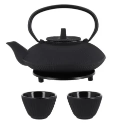 Best Cerf Dellier Coffret théière + tasses à rayures en fer noir - 800 ml