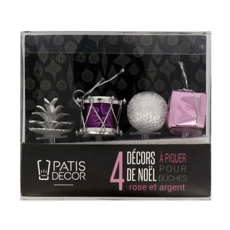 Outlet Cerf Dellier Décors de Noël assortis rose argent sur pique (x4)